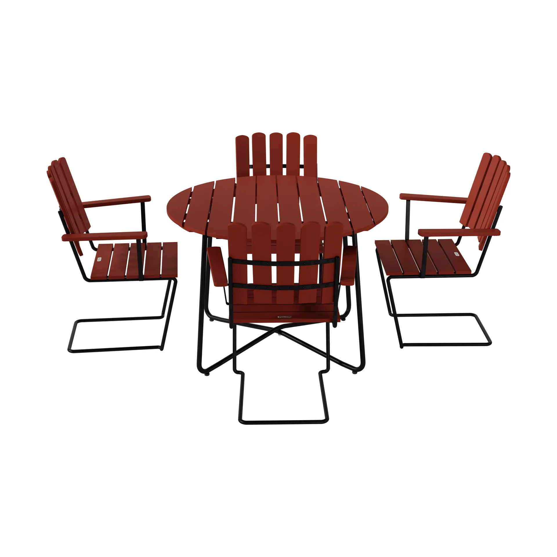 9A eettafel Ø100 cm + 4 A2 fauteuils, donkerrood eiken-zwart onderstel Grythyttan Stålmöbler