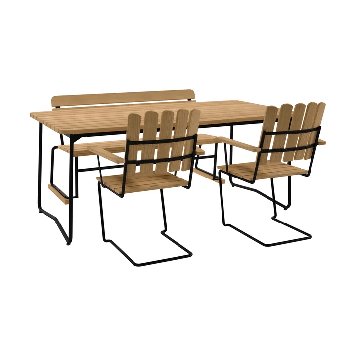 B31 tafel 170 cm + 2 A2 fauteuils + bank 3, geolied eiken-zwart onderstel - Grythyttan Stålmöbler