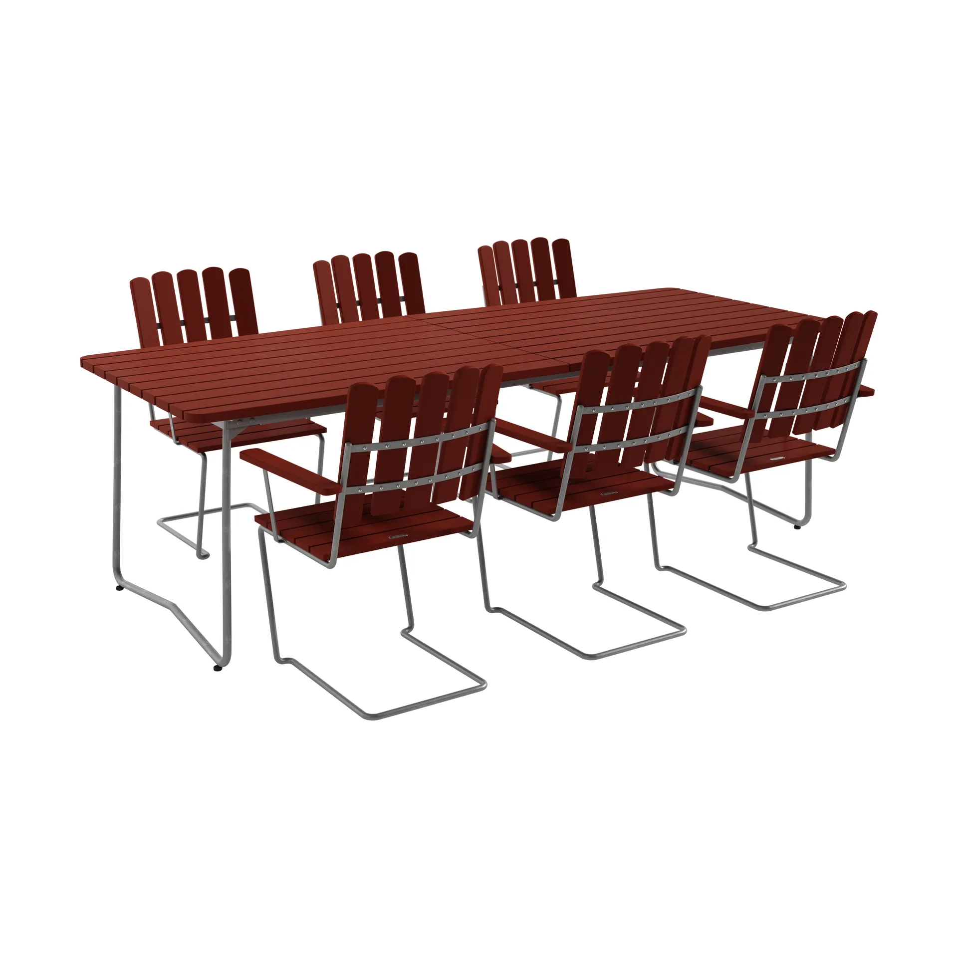B31 tafel 230 cm + 6 A2 fauteuils, donkerrood-thermisch verzinkt onderstel,  Grythyttan Stålmöbler