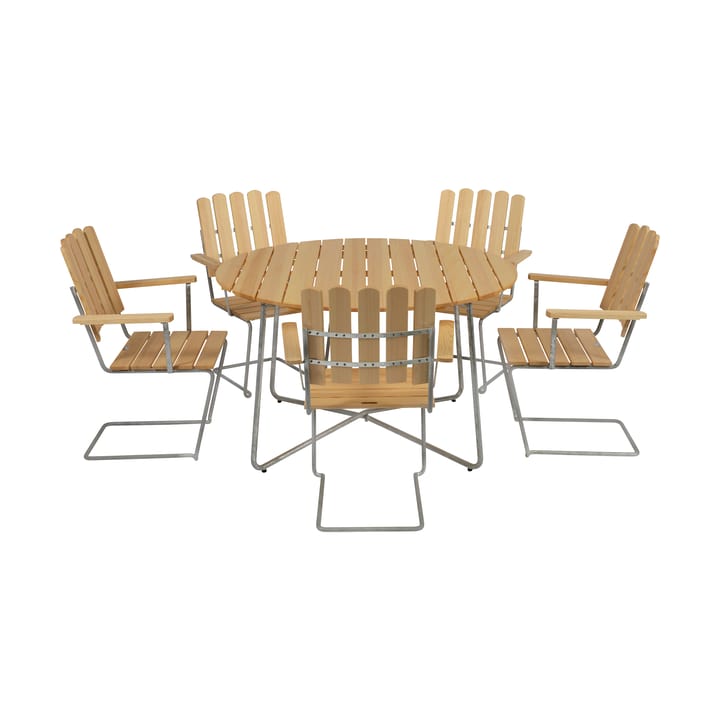 Grythyttan eettafelset sparrenhout 9A Ø120cm + 5 st. A2 Grythyttan Stålmöbler