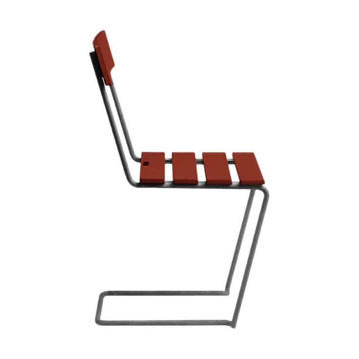 Stoel 1, Donkerrood gelakt eiken – thermisch verzinkt onderstel Grythyttan Stålmöbler