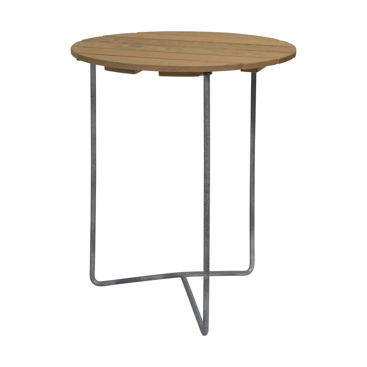 Grythyttan Stålmöbler Table 6B tafel Ø60 cm Geoliede eiken-gegalvaniseerde poten