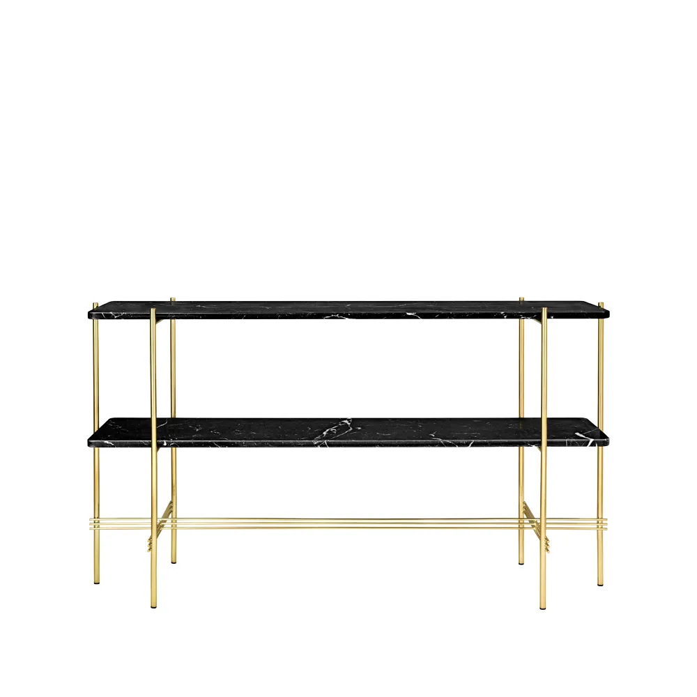 TS Console bijzettafel 120x30x72 cm, black marquina marble, messing onderstel, 2 marmeren planken GUBI