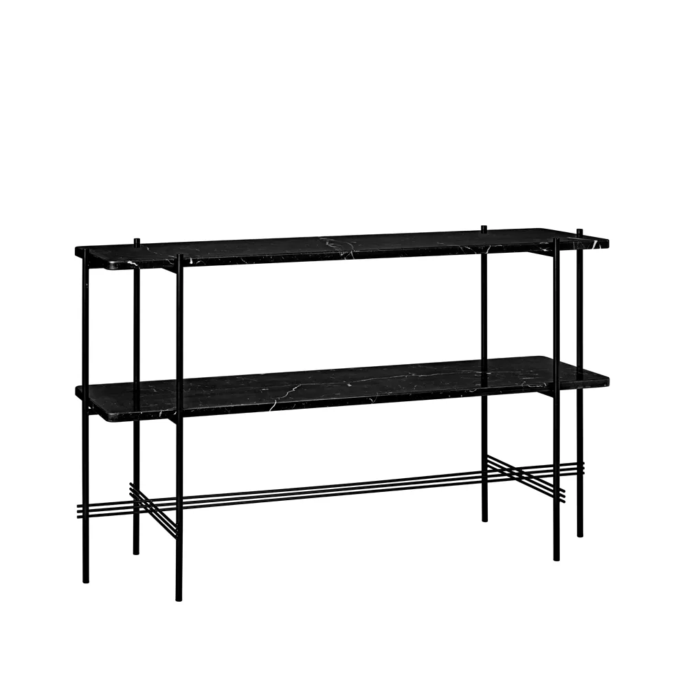 TS Console bijzettafel 120x30x72 cm, black marquina marble, zwart onderstel, 2 marmeren planken GUBI