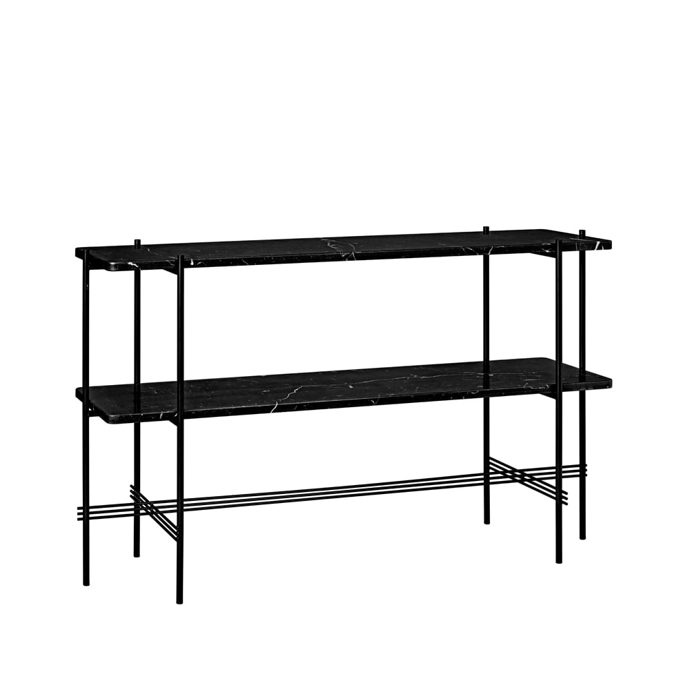 GUBI TS Console bijzettafel 120x30x72 cm black marquina marble, zwart onderstel, 2 marmeren planken