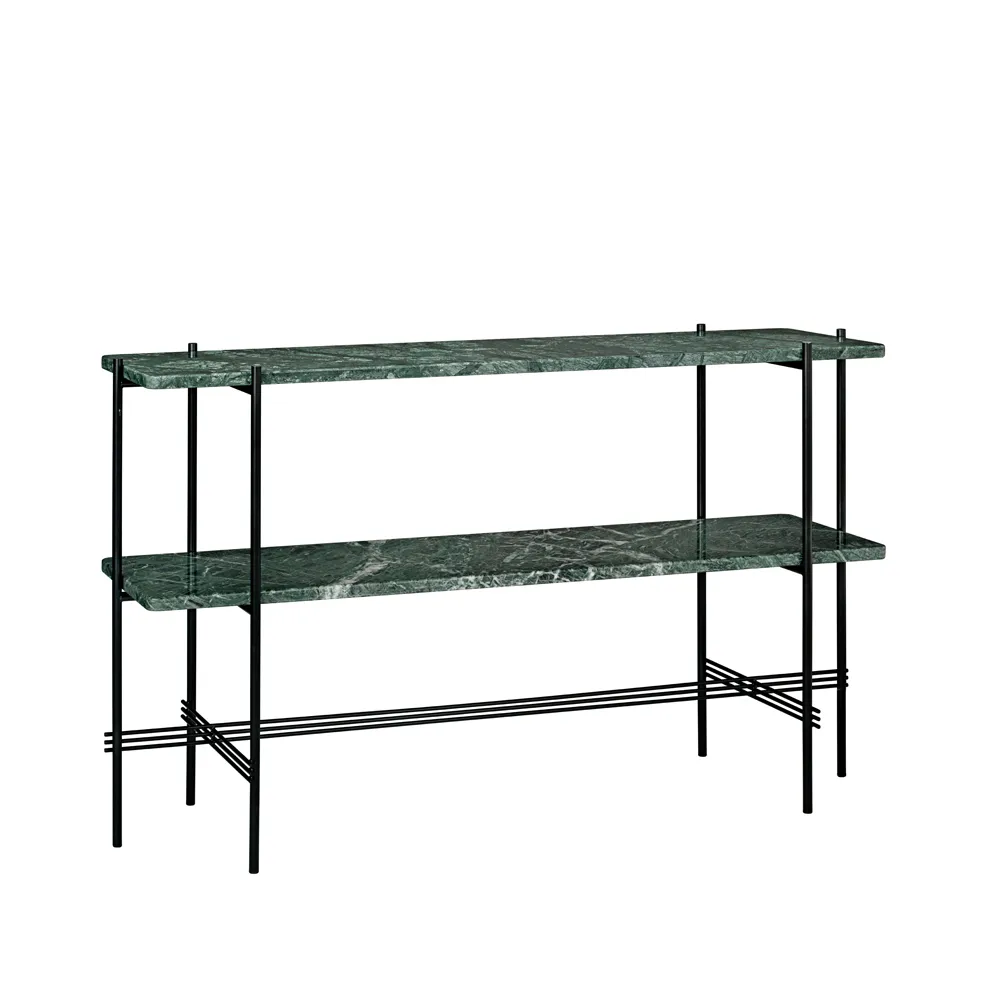 TS Console bijzettafel 120x30x72 cm, green guatemala marble, zwart onderstel, 2 marmeren planken GUBI