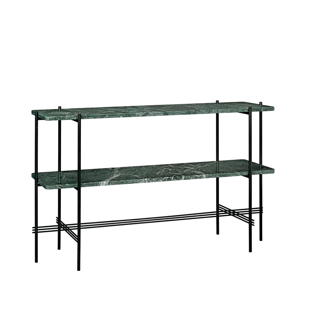 GUBI TS Console bijzettafel 120x30x72 cm green guatemala marble, zwart onderstel, 2 marmeren planken