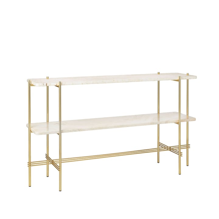 TS Console bijzettafel 120x30x72 cm, natural white travertine, messing onderstel, 2 marmeren planken GUBI