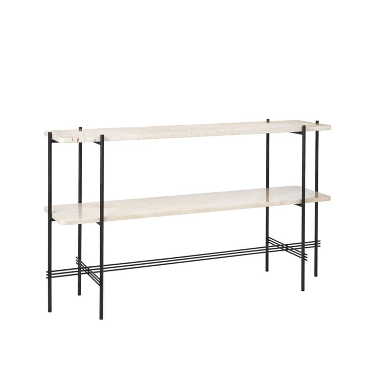 TS Console bijzettafel 120x30x72 cm, natural white travertine, zwart onderstel, 2 marmeren planken GUBI