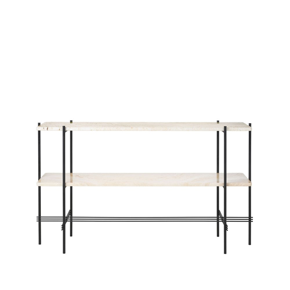 GUBI TS Console bijzettafel 120x30x72 cm natural white travertine, zwart onderstel, 2 marmeren planken