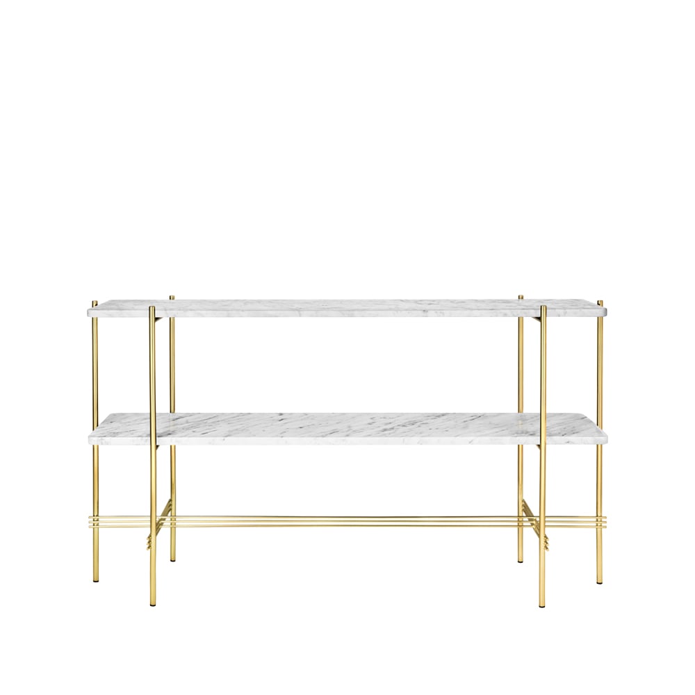 GUBI TS Console bijzettafel 120x30x72 cm white carrara marble, messing onderstel, 2 marmeren planken