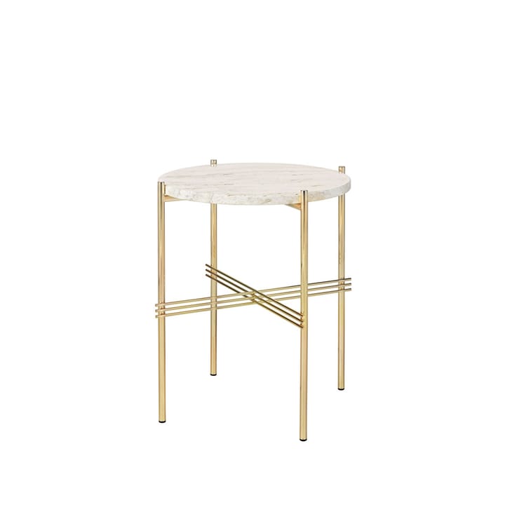TS Round Bijzettafel, natural white travertine, ø40, messing onderstel GUBI