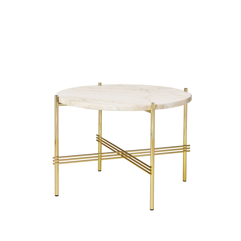 GUBI TS Round Salontafel natural white travertine, o55, messing onderstel