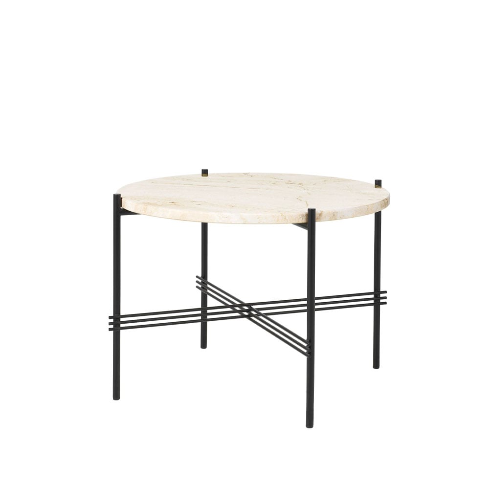 GUBI TS Round Salontafel natural white travertine, ø55, zwart onderstel