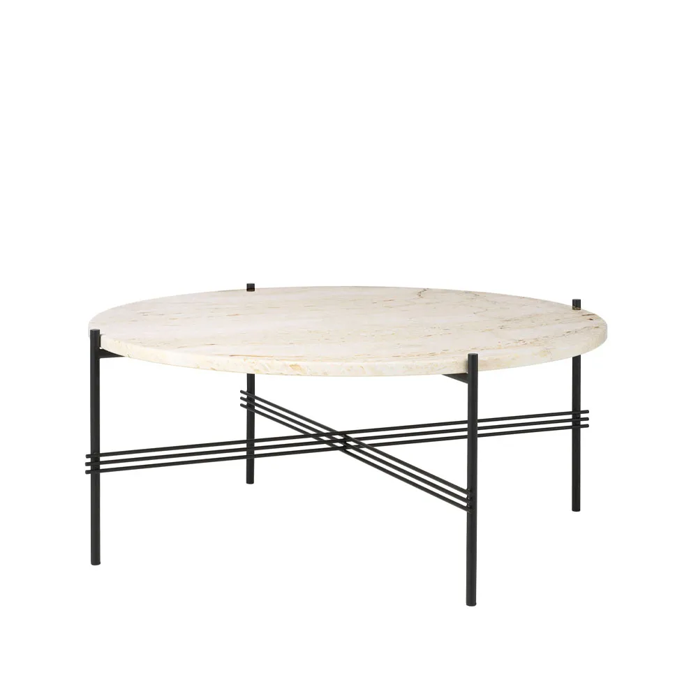 TS Round Salontafel, natural white travertine, ø80, zwart onderstel GUBI