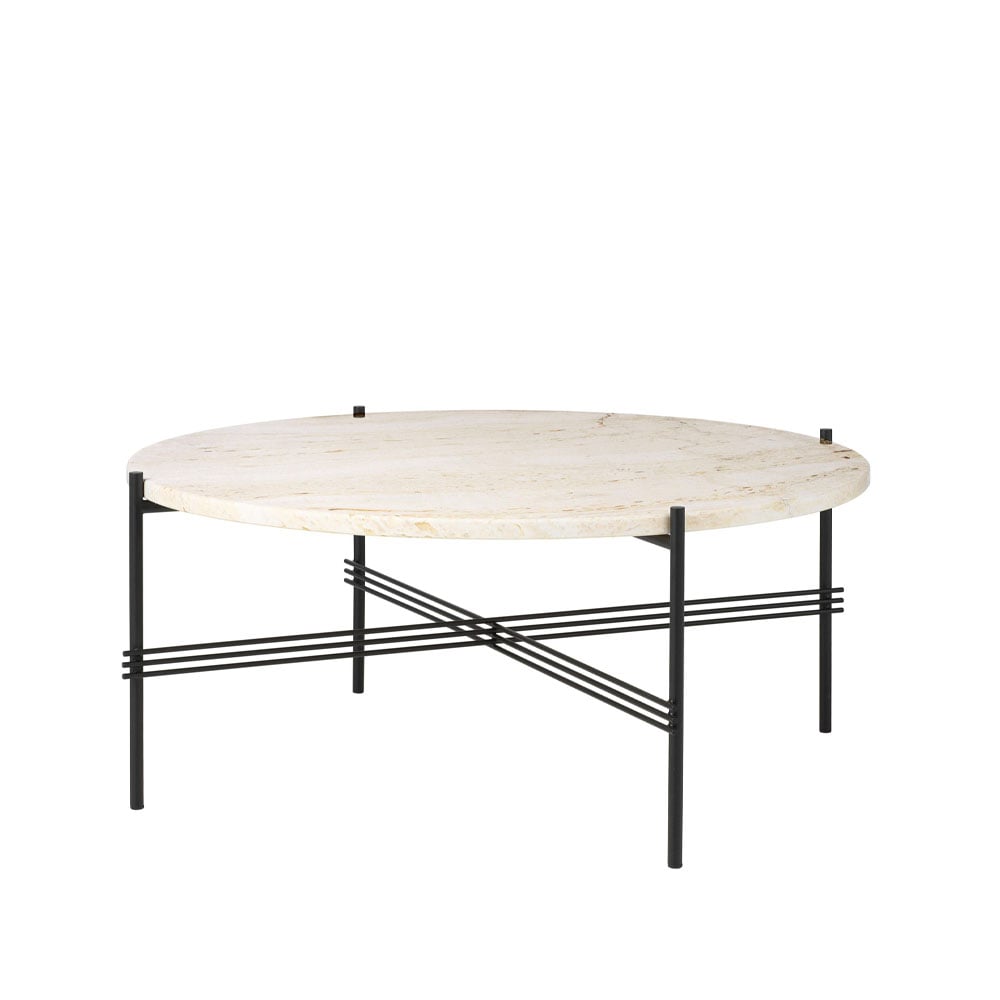 GUBI TS Round Salontafel natural white travertine, ø80, zwart onderstel