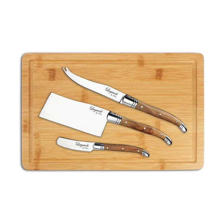 Laguiole By Hâws kaasservies met snijplank 4-delig - Bamboe-olijfhout-roestvrij staal - Hâws