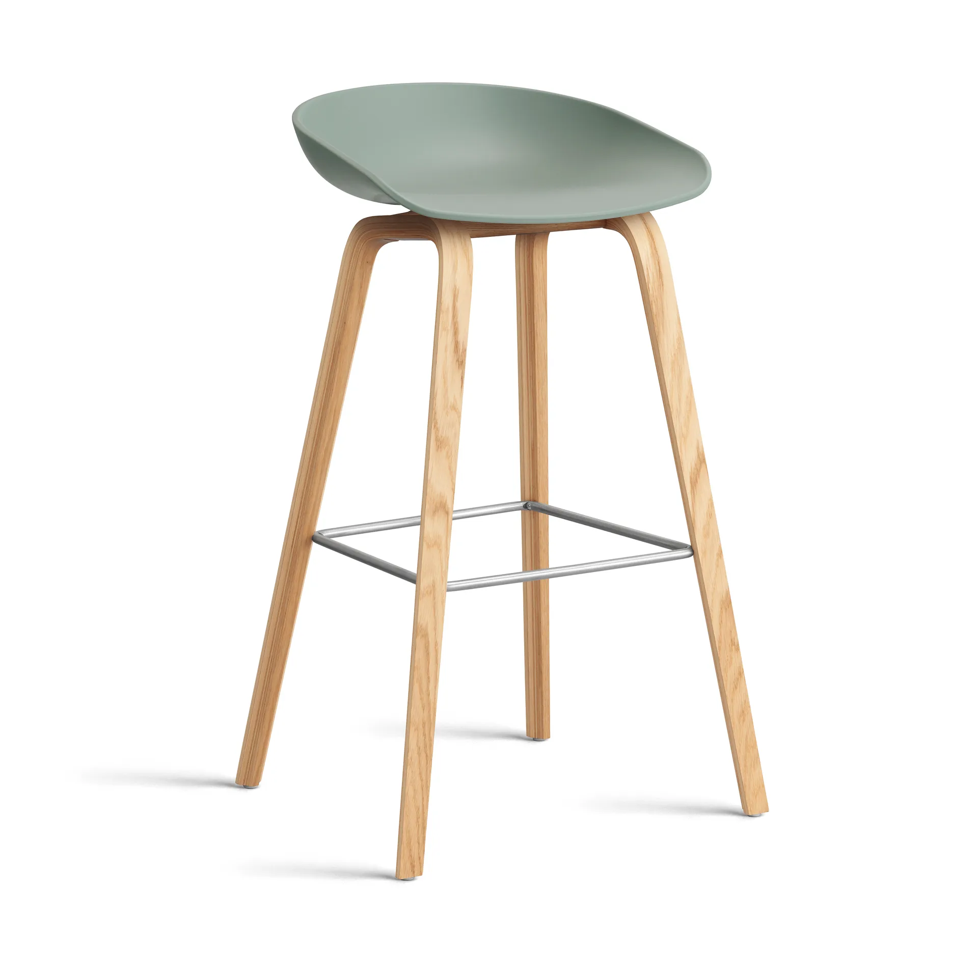 About a Stool 32 High barkruk gelakt eiken onderstel 2.0, Fall green – roestvrijstalen steun HAY