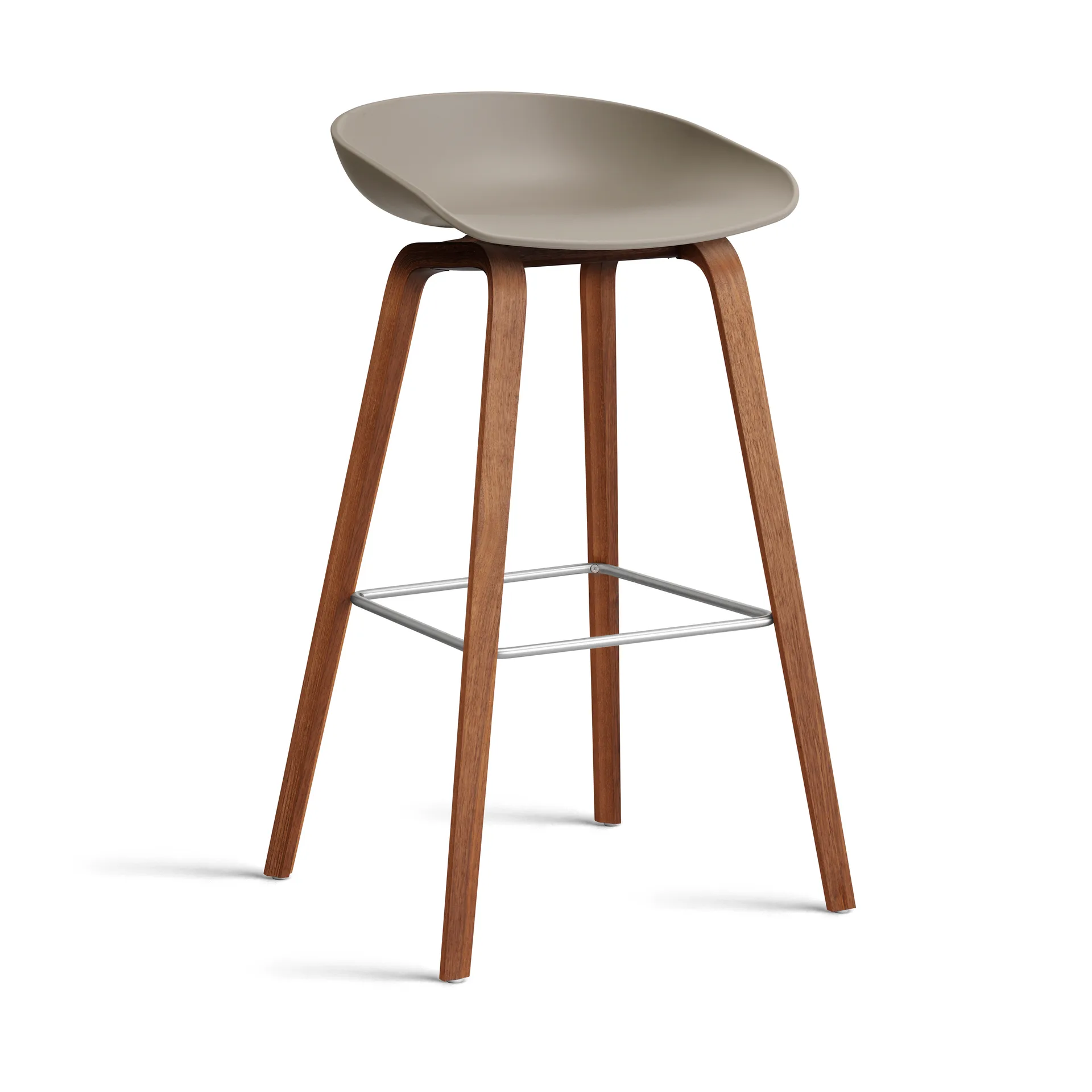 About a Stool 32 High barkruk walnoot onderstel 2.0, Khaki – roestvrijstalen steun HAY