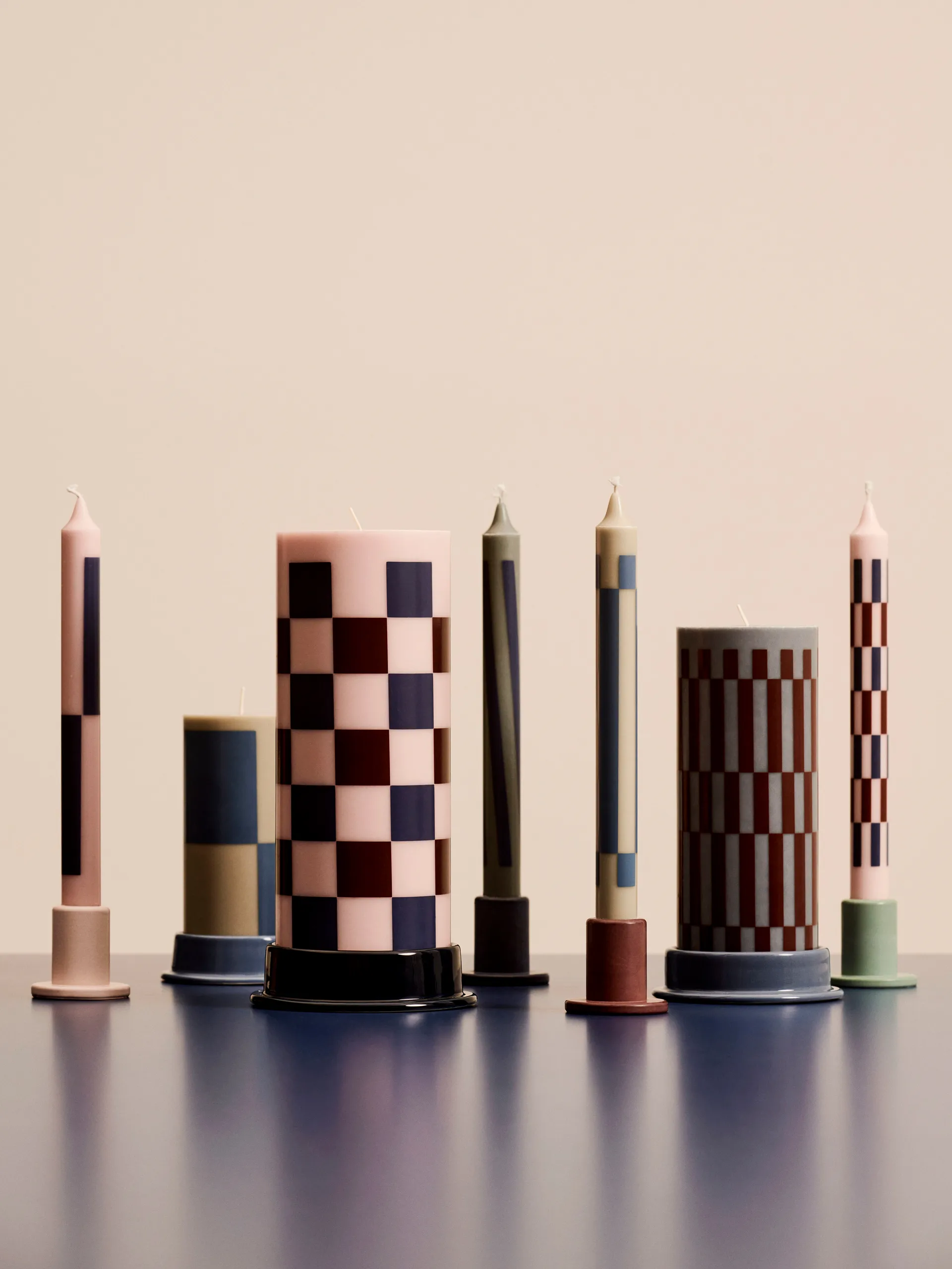 Column Candle  blokkaars large 25 cm, Pink-bordeaux-dark blue check HAY