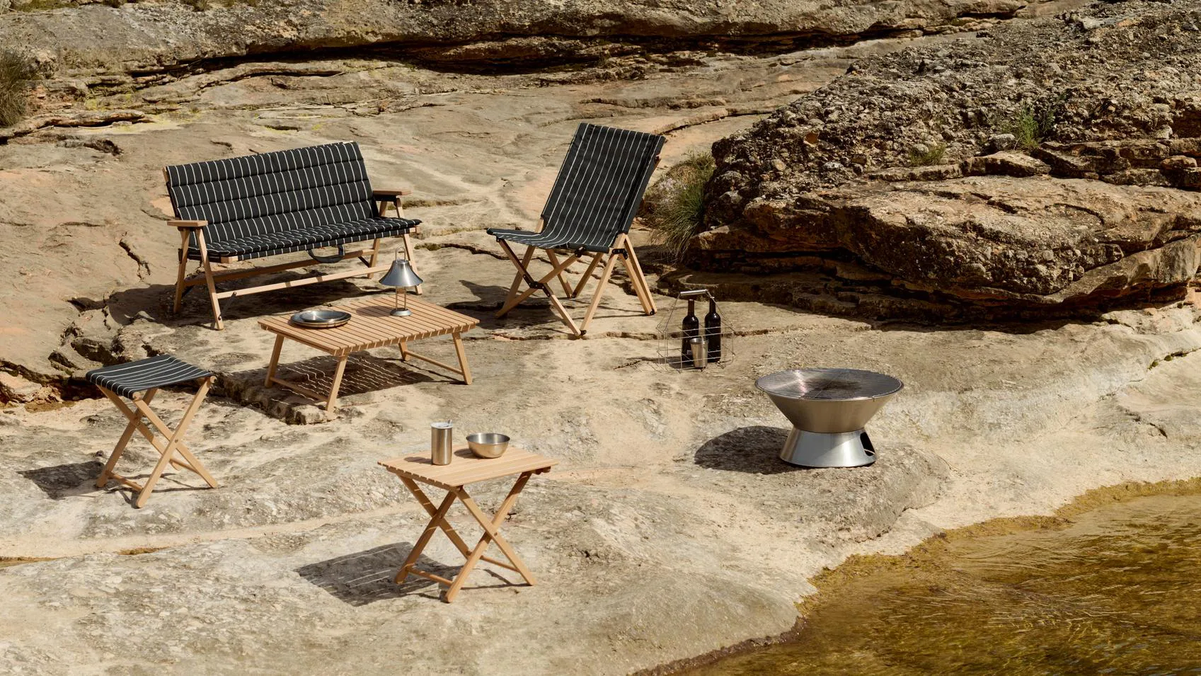 Outdoor Market klapbank, Zwart-beige, 2-zits HAY