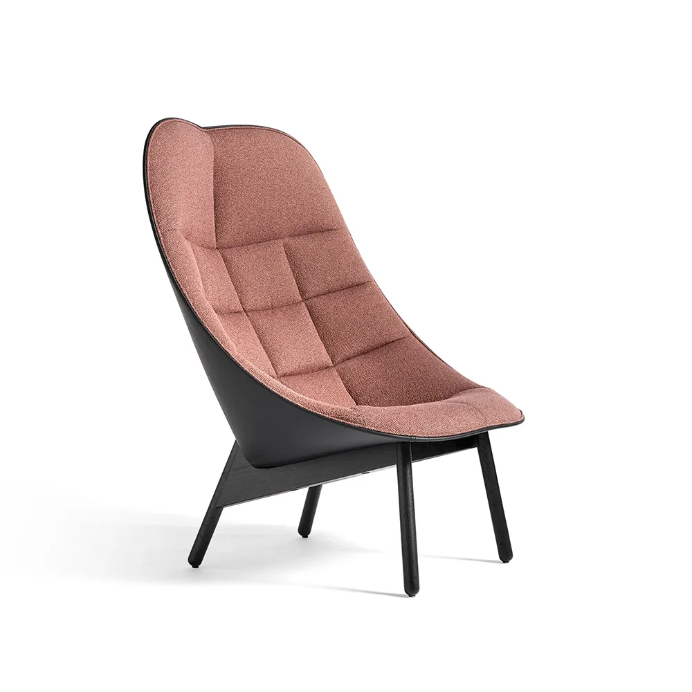 Uchiwa Quilt loungestoel, 12 Clementine–zwart eiken–zwart leer HAY