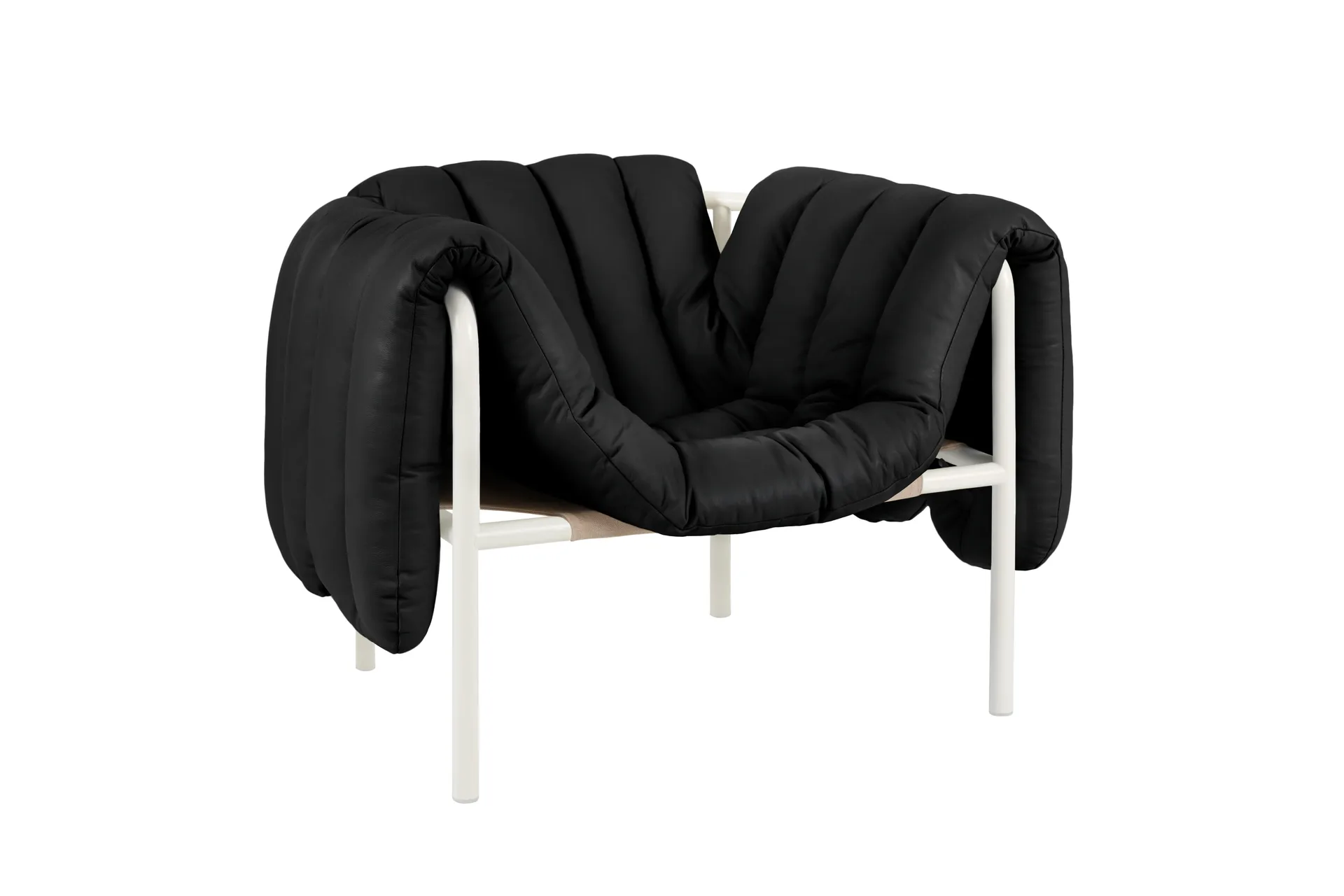 Puffy loungefauteuil, Black leather-cream Hem