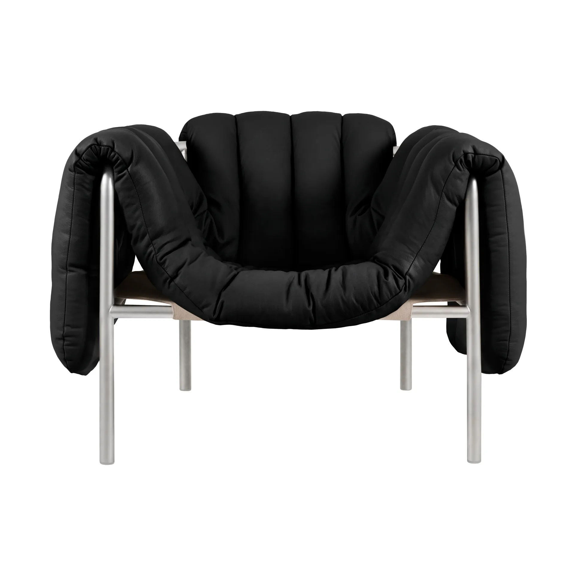 Puffy loungefauteuil, Black leather-roestvrij staal Hem