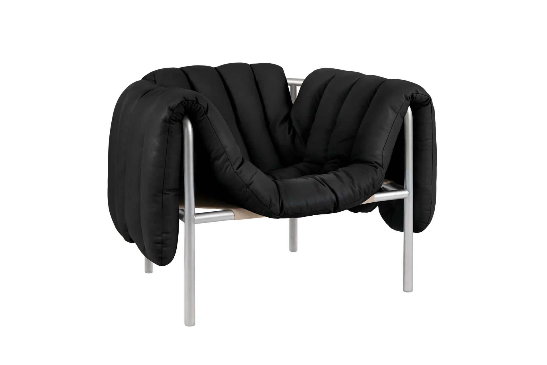 Puffy loungefauteuil, Black leather-roestvrij staal Hem