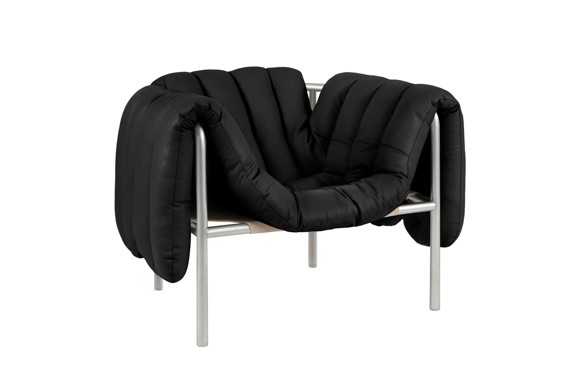 Puffy loungefauteuil, Black leather-roestvrij staal Hem