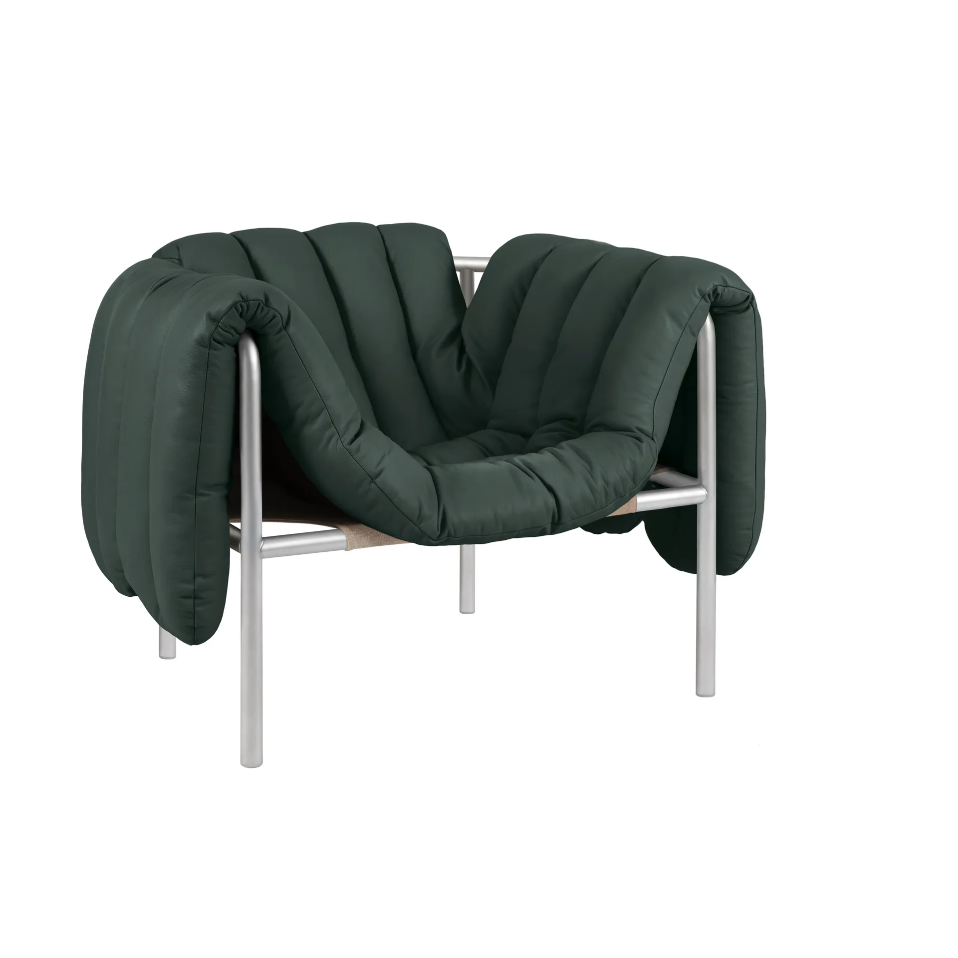 Puffy loungefauteuil, Dark green leather-roestvrij staal Hem