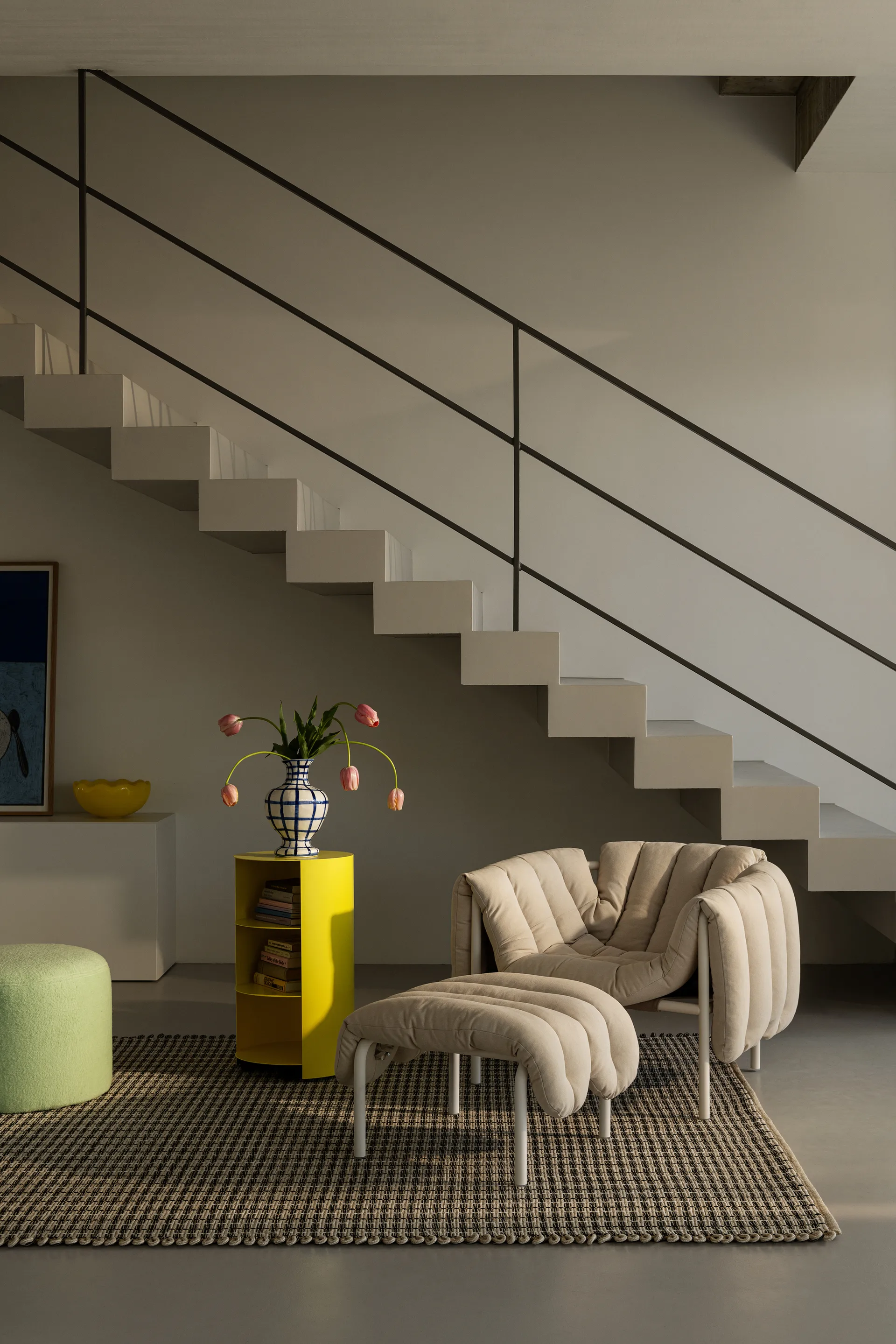 Puffy loungefauteuil + ottoman, Sawdust-roestvrij staal Hem