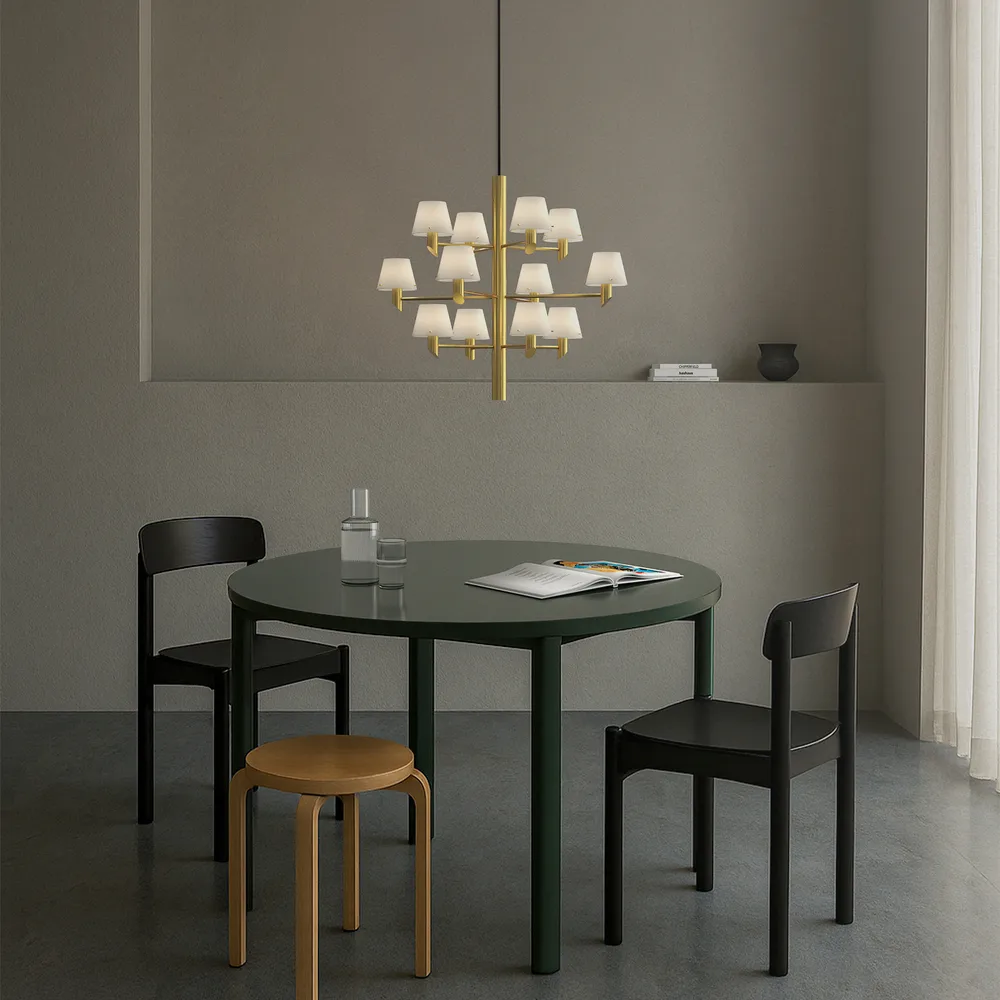 Gil kroon 12 kroonluchter, Satijnmessing-opaalglas Herstal