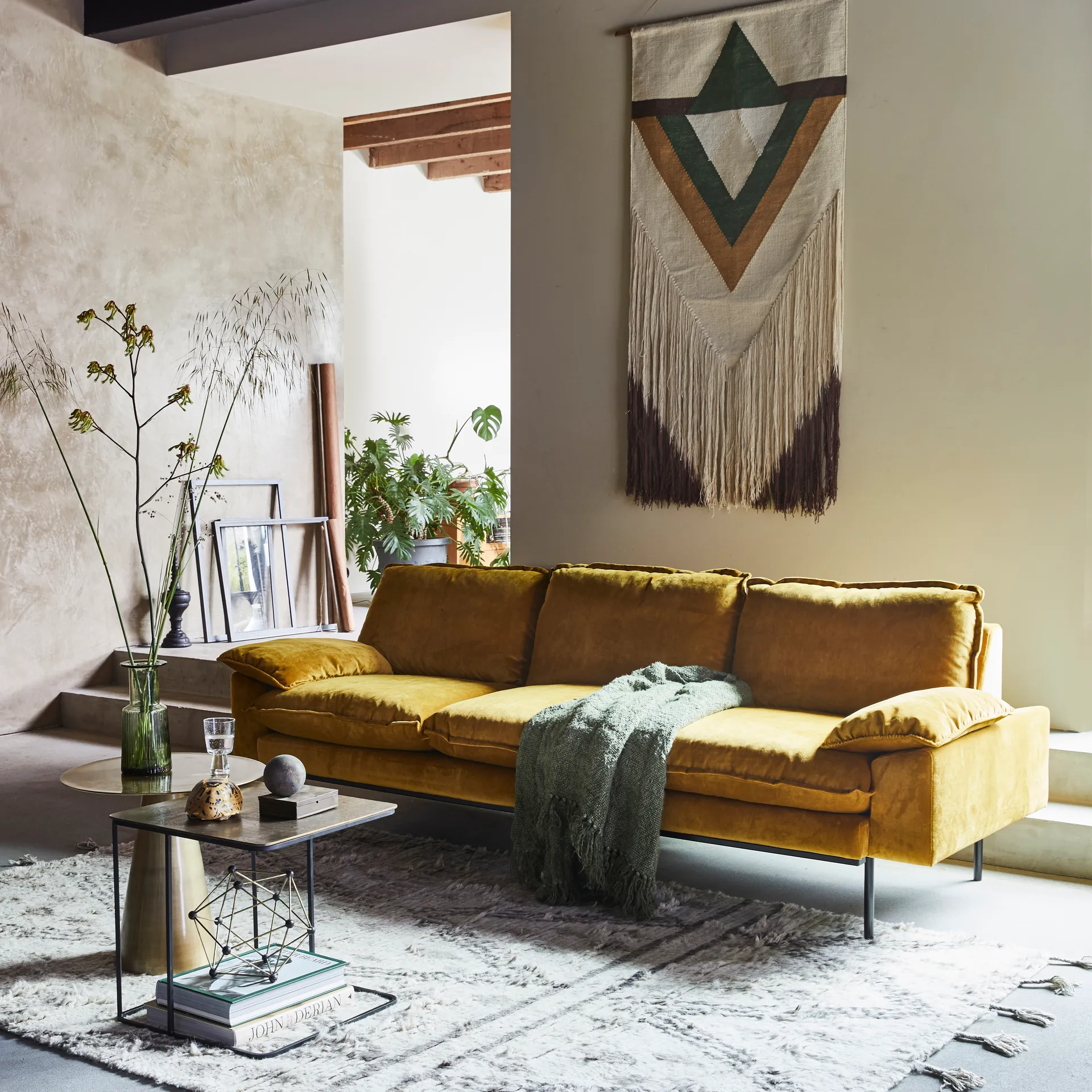 Retro bank 3-zits, ochra (geel) HKliving