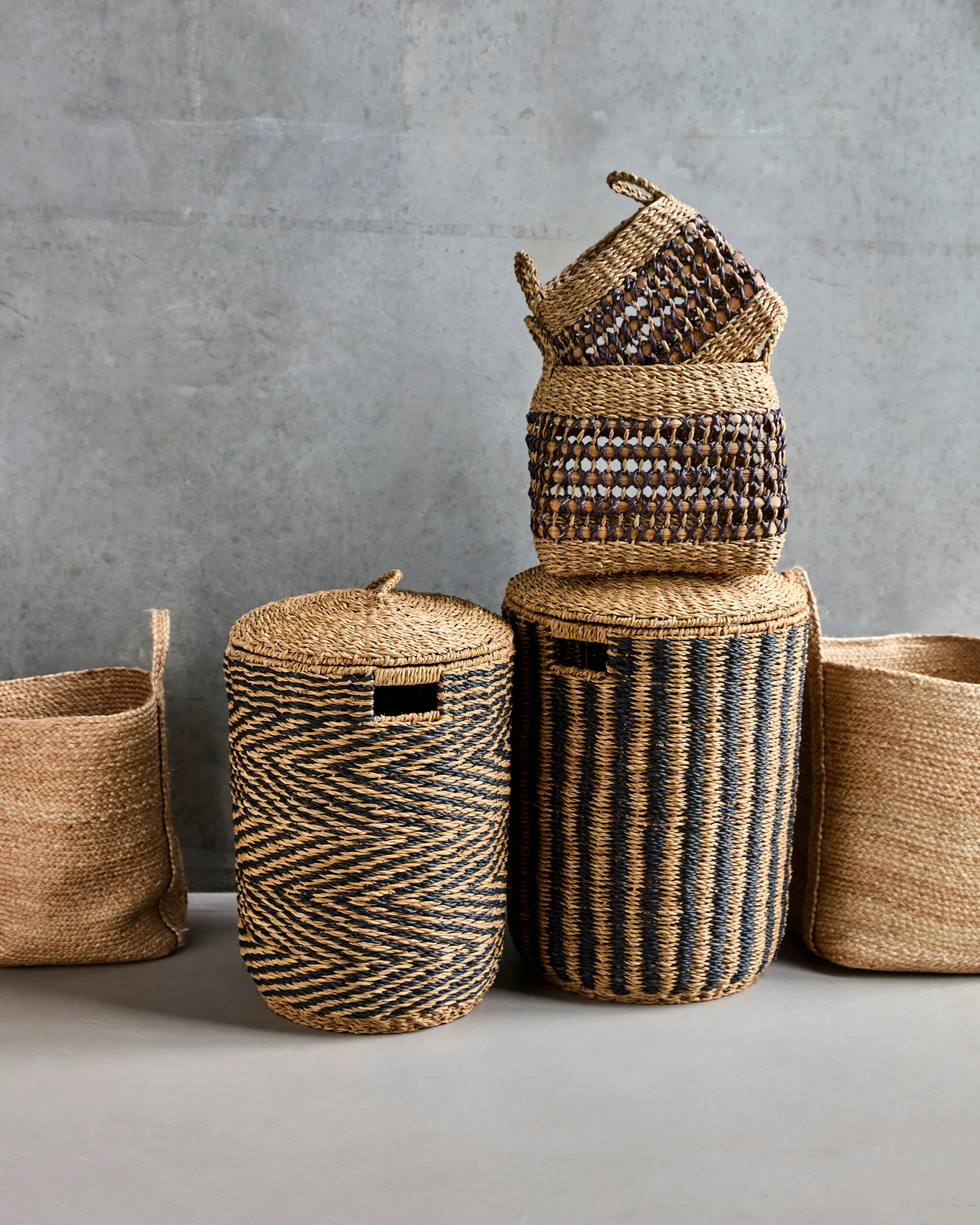 Cesto wasmand 2 delen, Naturel-zwart House Doctor