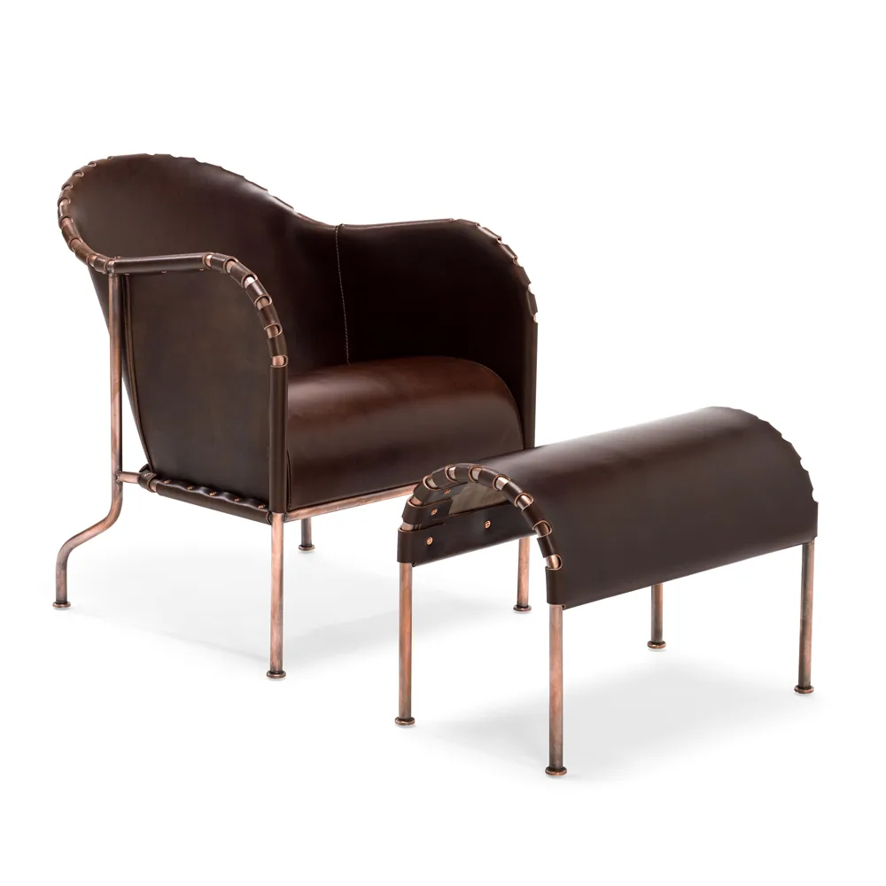 Bruno voetenbankje, Kernleder zwart-gekoperd frame Källemo