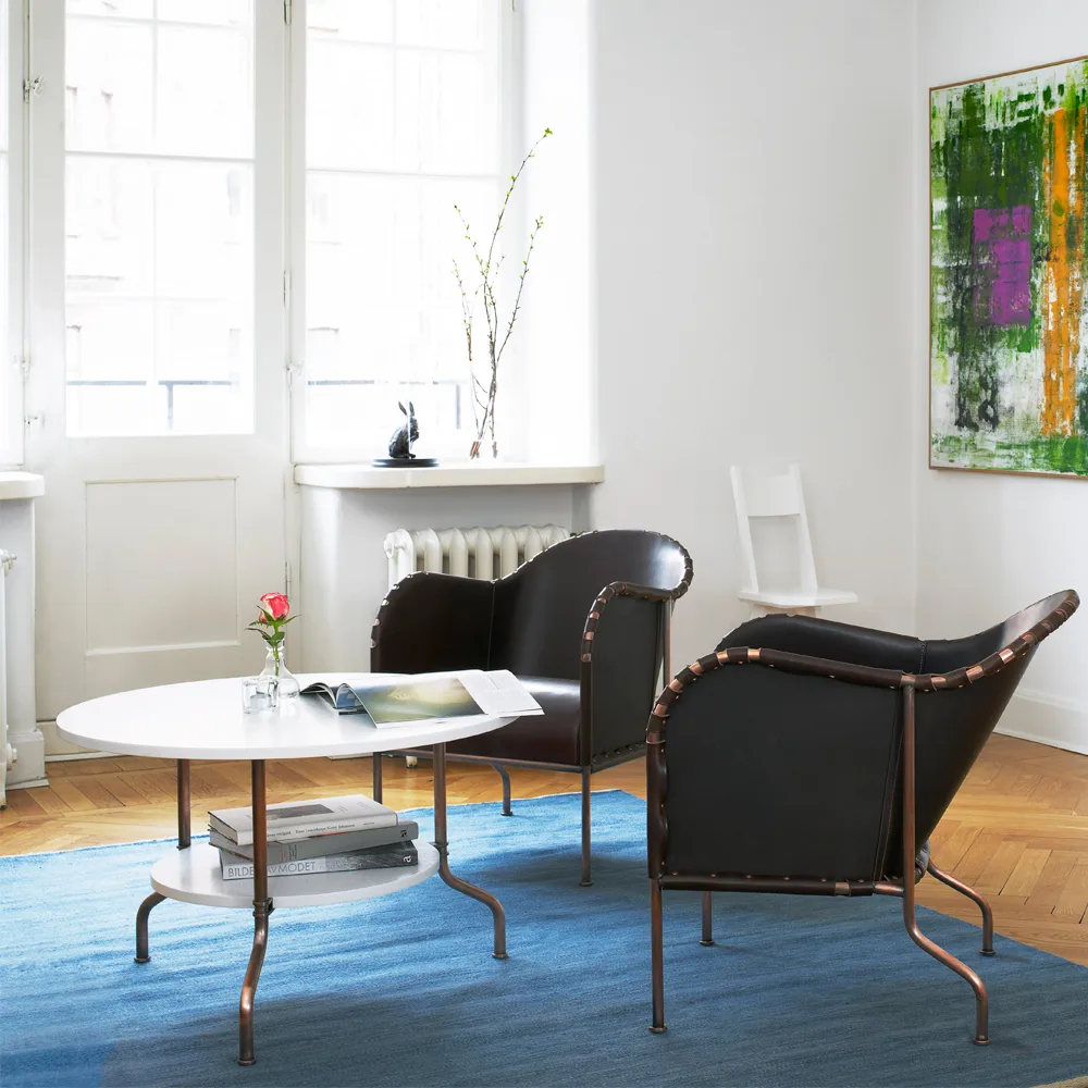Sven salontafel, Zwartgebeitst essen-koperbehandeld frame, Ø80 cm Källemo