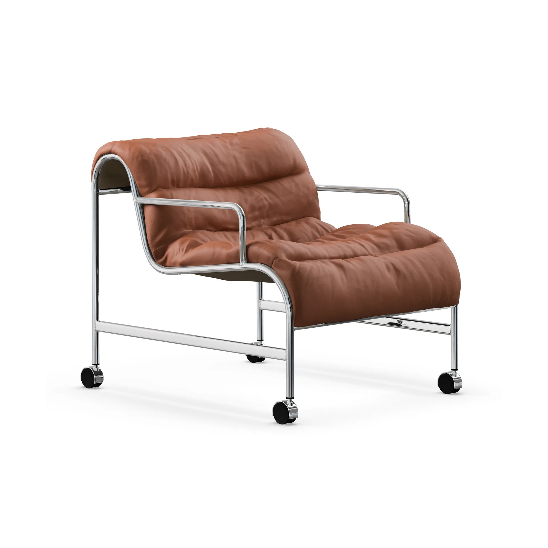 Sunny fauteuil met armleuningen, Leer Cognac - chromen onderstel met wielen Lammhults