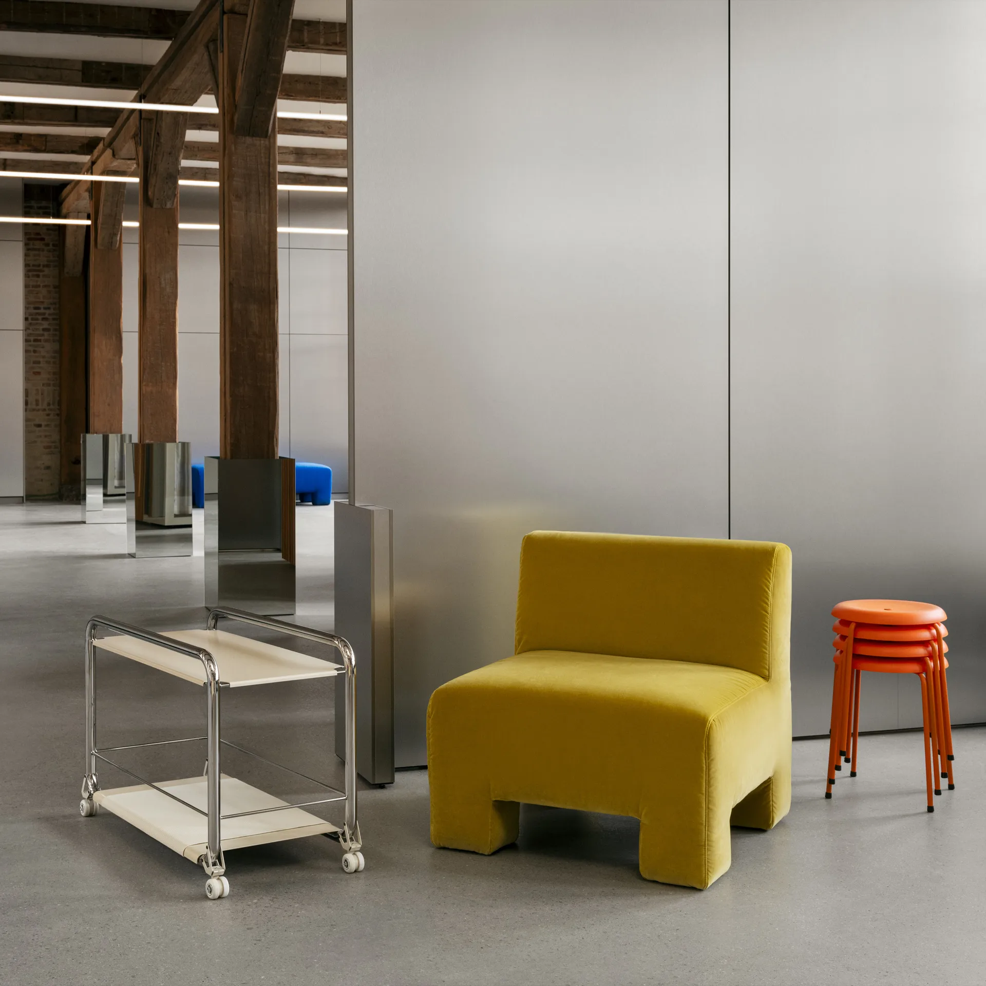 Tension rolwagen, Chroom - beige - beige leren mat Lammhults