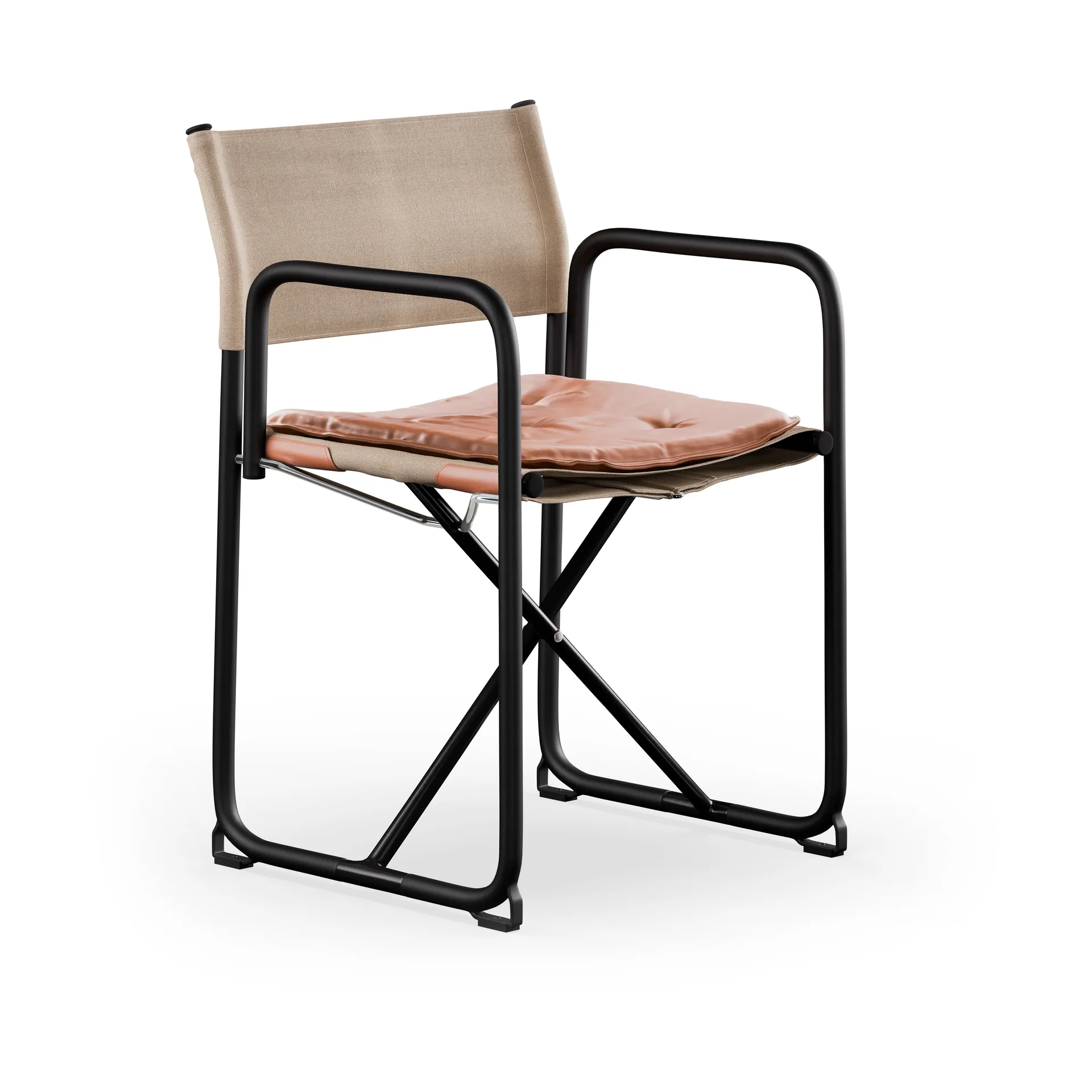 X75-2 stoel met armleuningen, Natuur linnenweefsel - Elmo Nordic leer Cognac - zwarte poten Lammhults