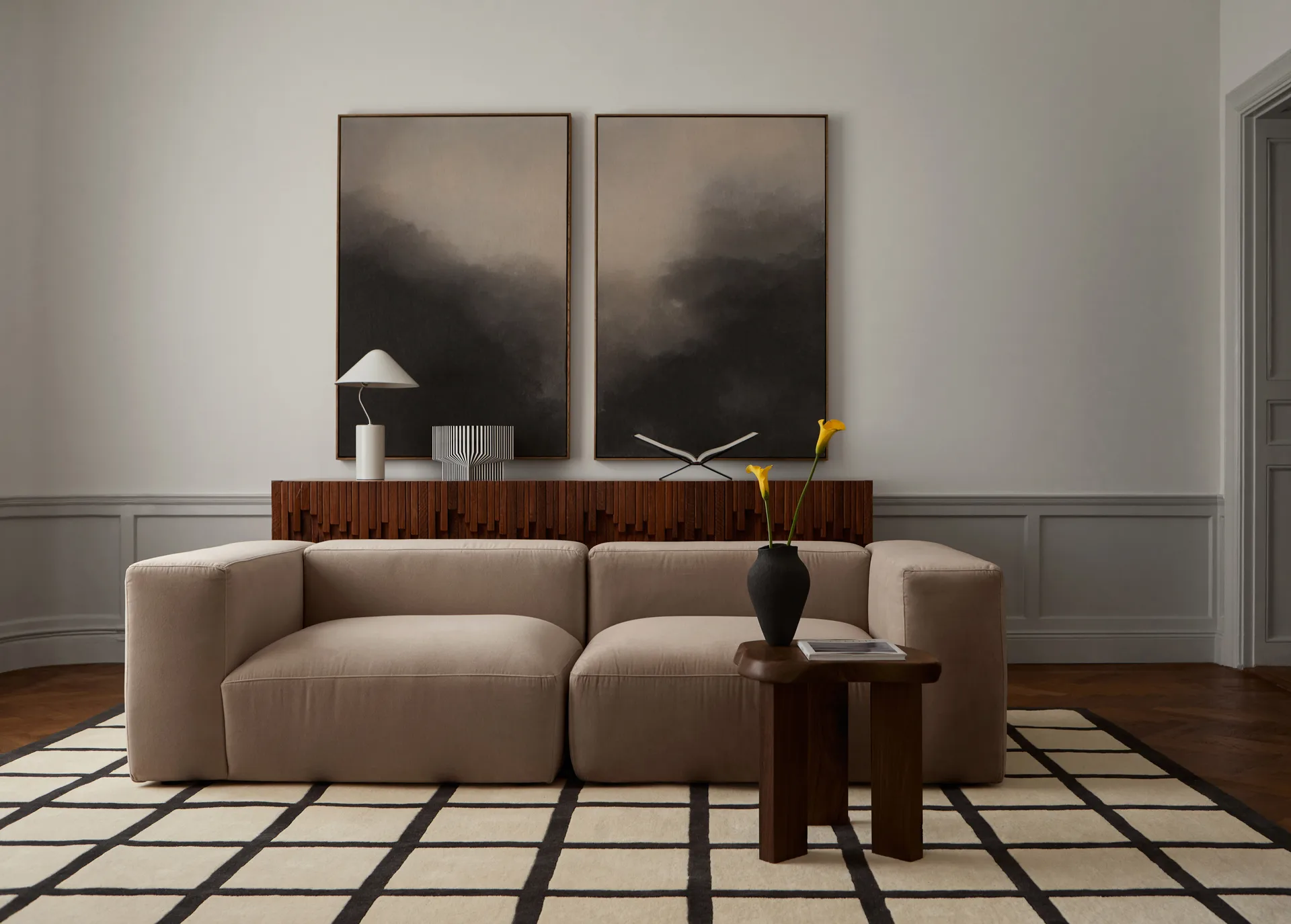 Avenue Checked wollen vloerkleed, Bone White, 200x300 cm Layered