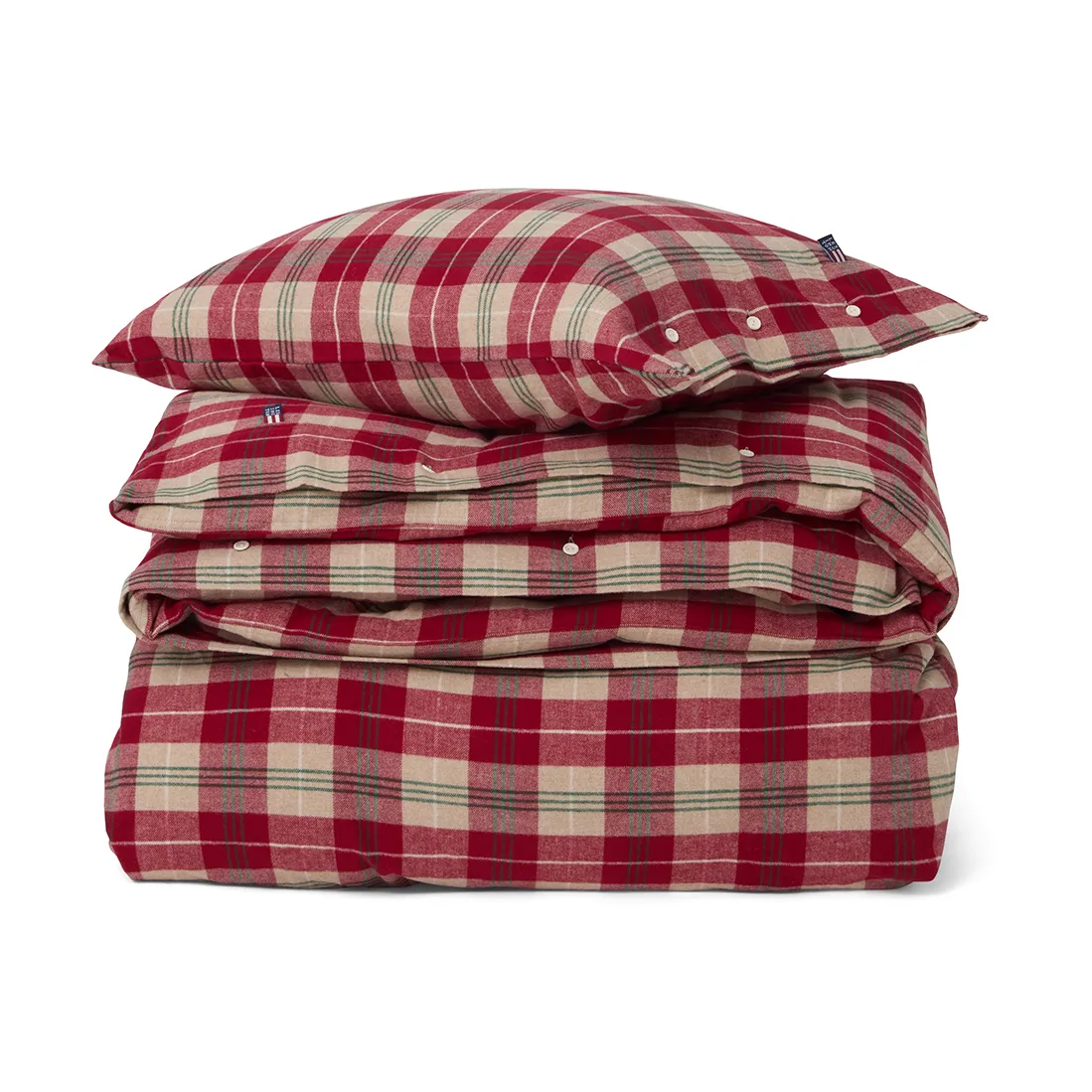 Checked cotton flannel dekbedovertrek, Rood-beige-groen-wit Lexington