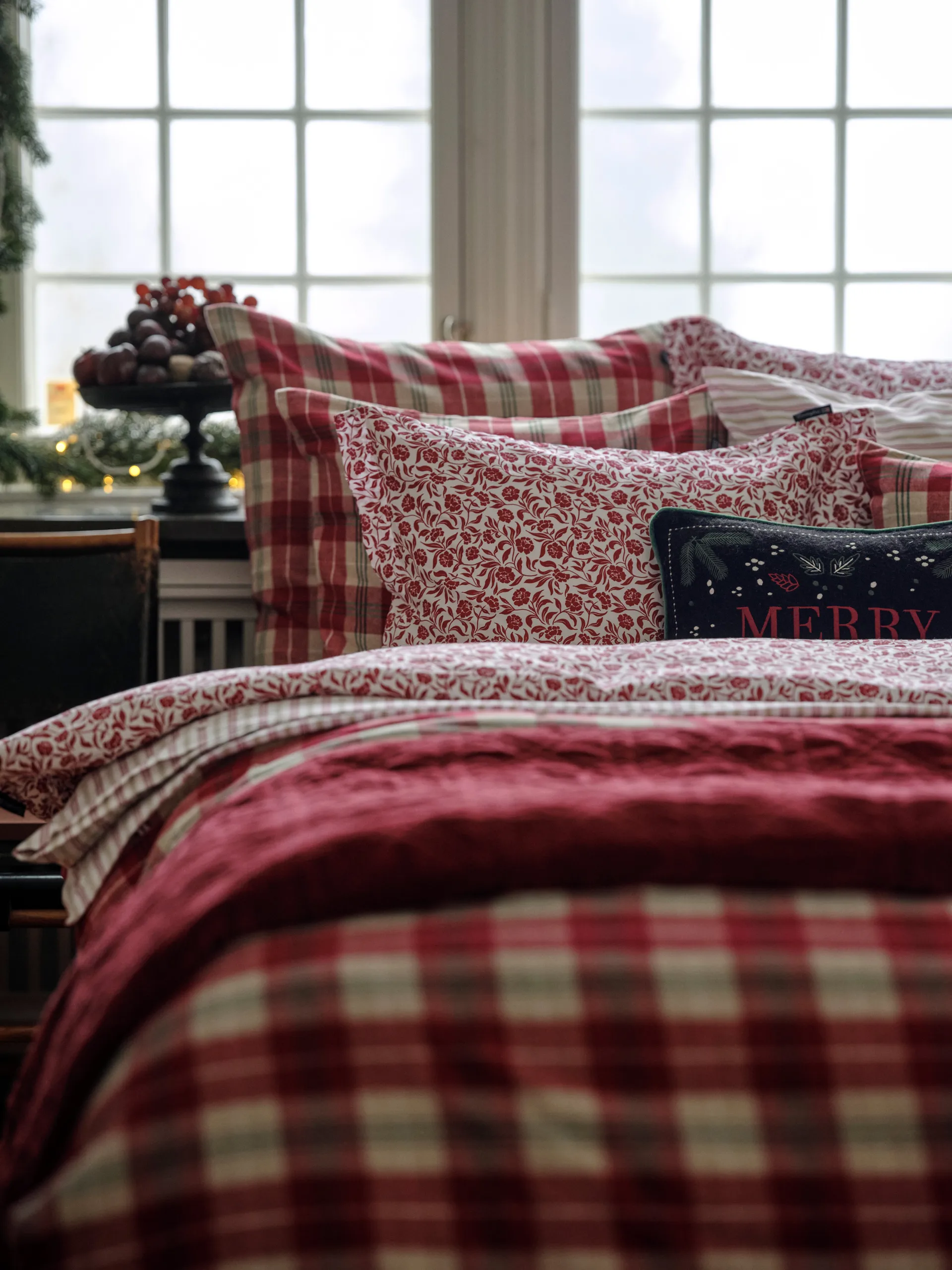 Checked cotton flannel dekbedovertrek, Rood-beige-groen-wit Lexington