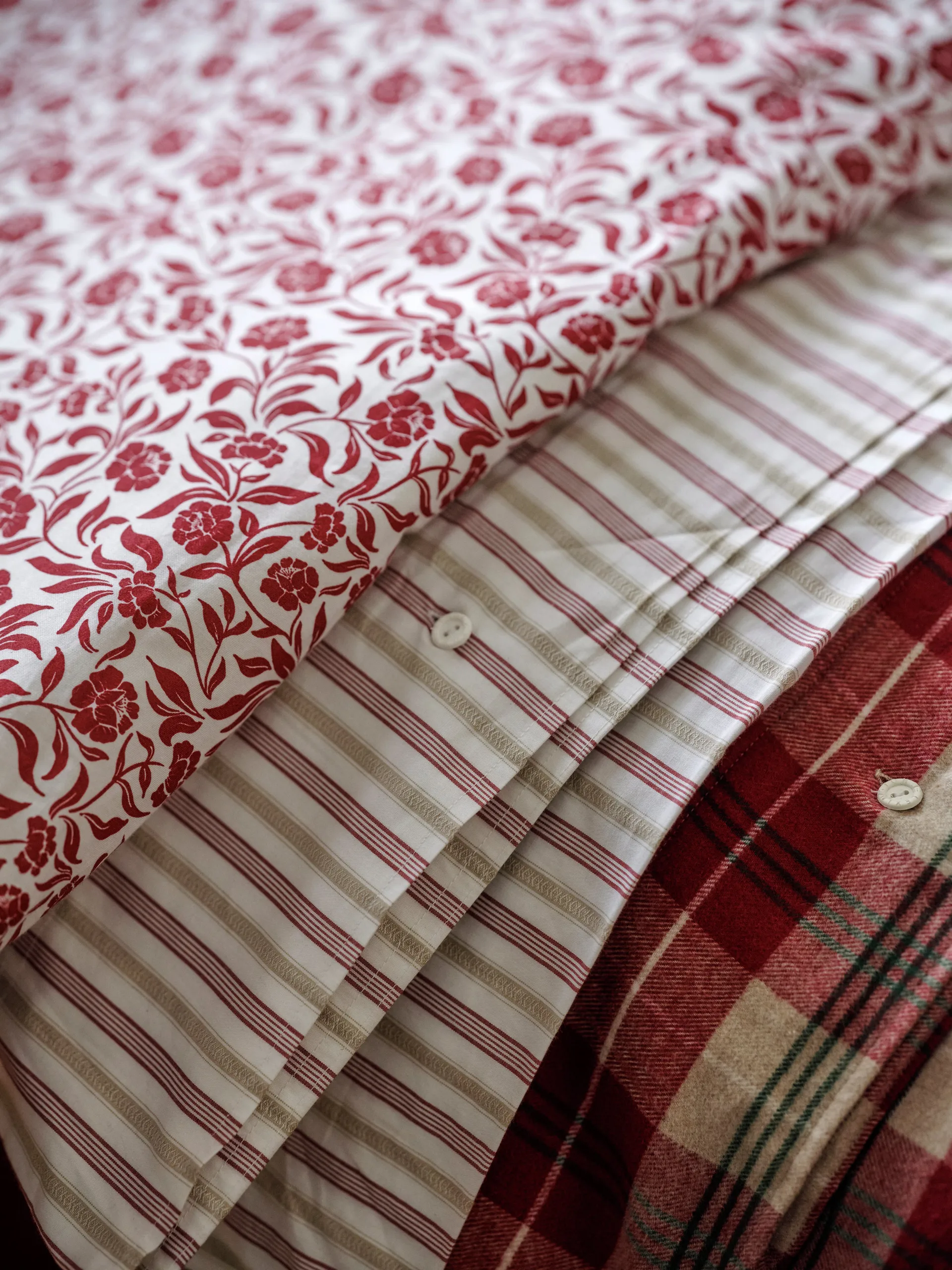 Checked cotton flannel dekbedovertrek, Rood-beige-groen-wit Lexington