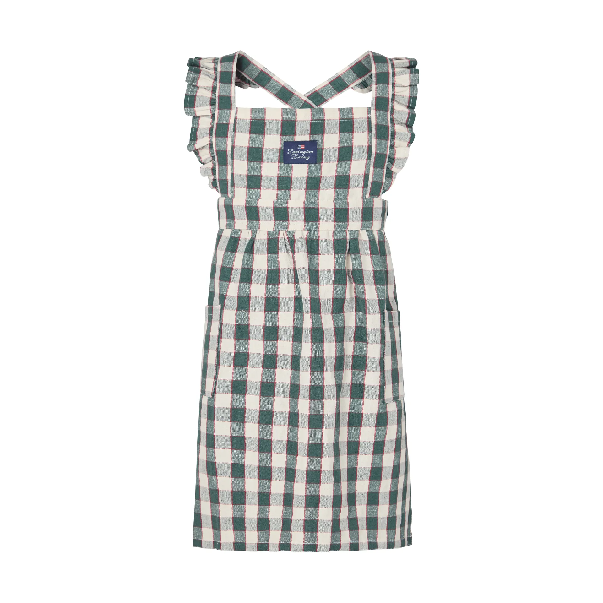 Checked cotton linen kinderschort, Green-Light beige-red, 4-6 år Lexington