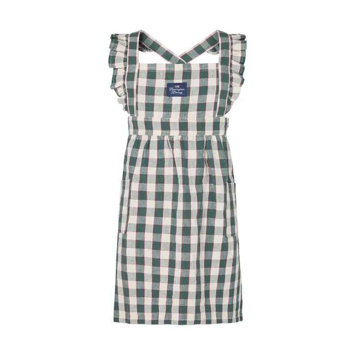 Checked cotton linen kinderschort - Green-Light beige-red, 4-6 år - Lexington
