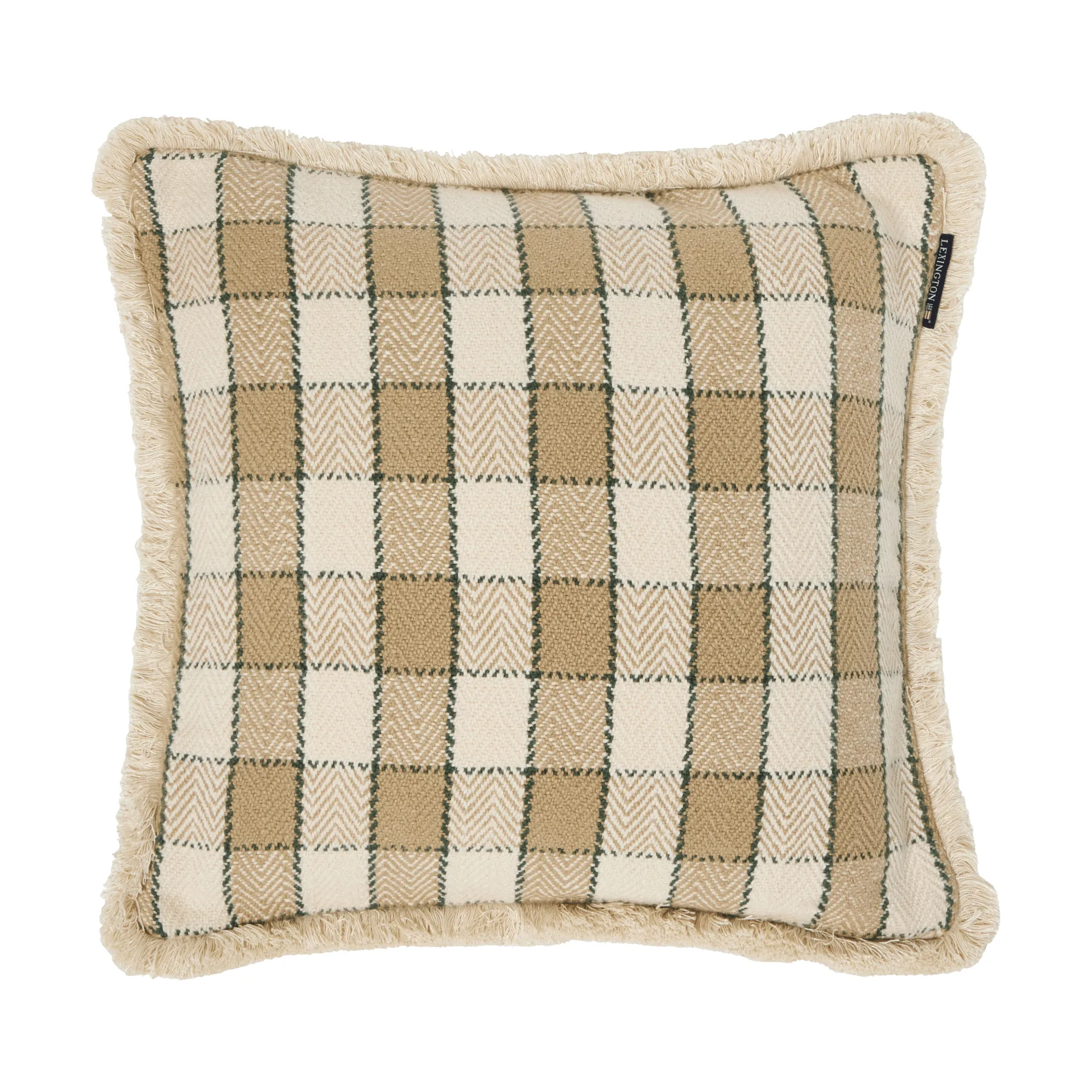 Checked organic cotton fringe kussenhoes, Beige-light beige-green Lexington