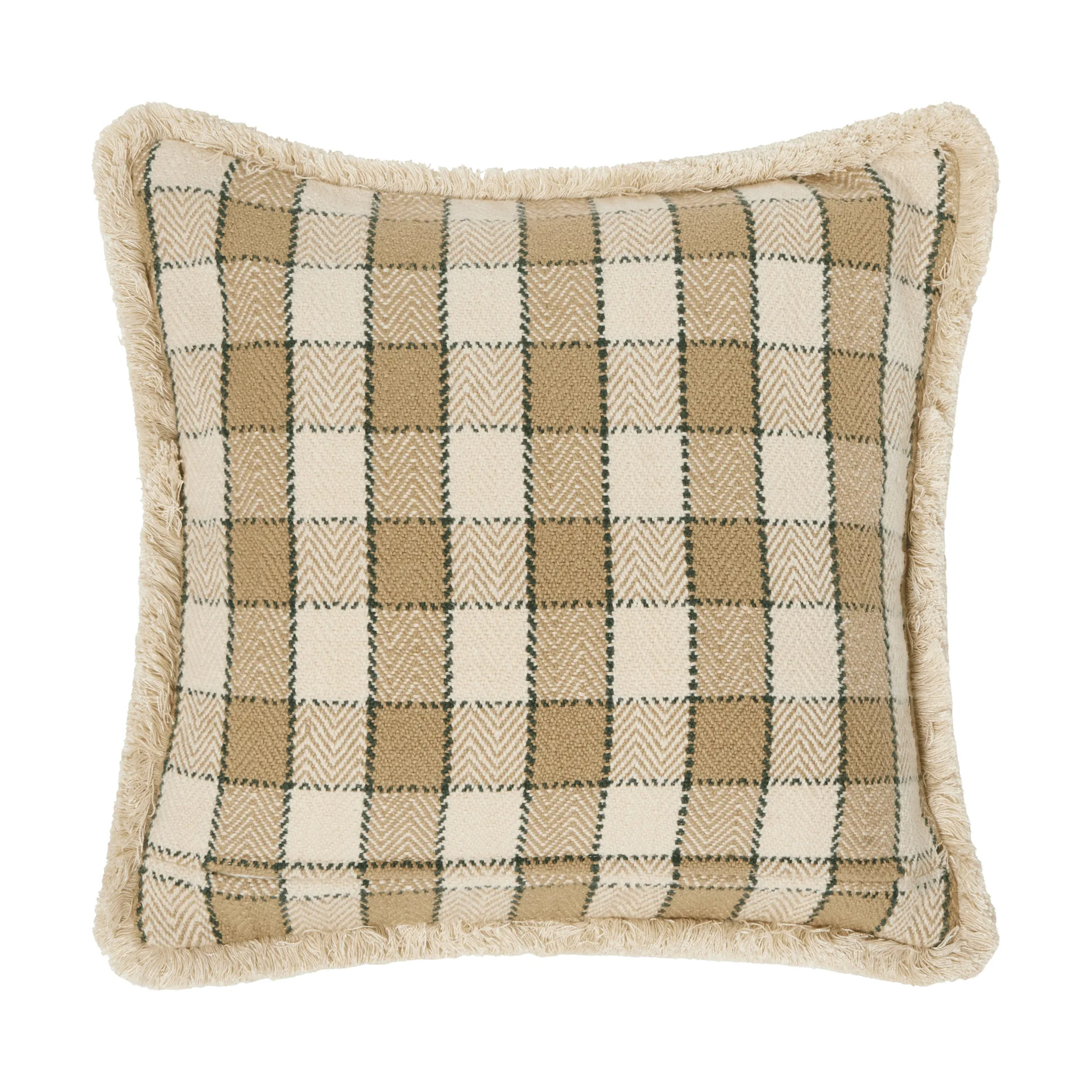 Checked organic cotton fringe kussenhoes, Beige-light beige-green Lexington