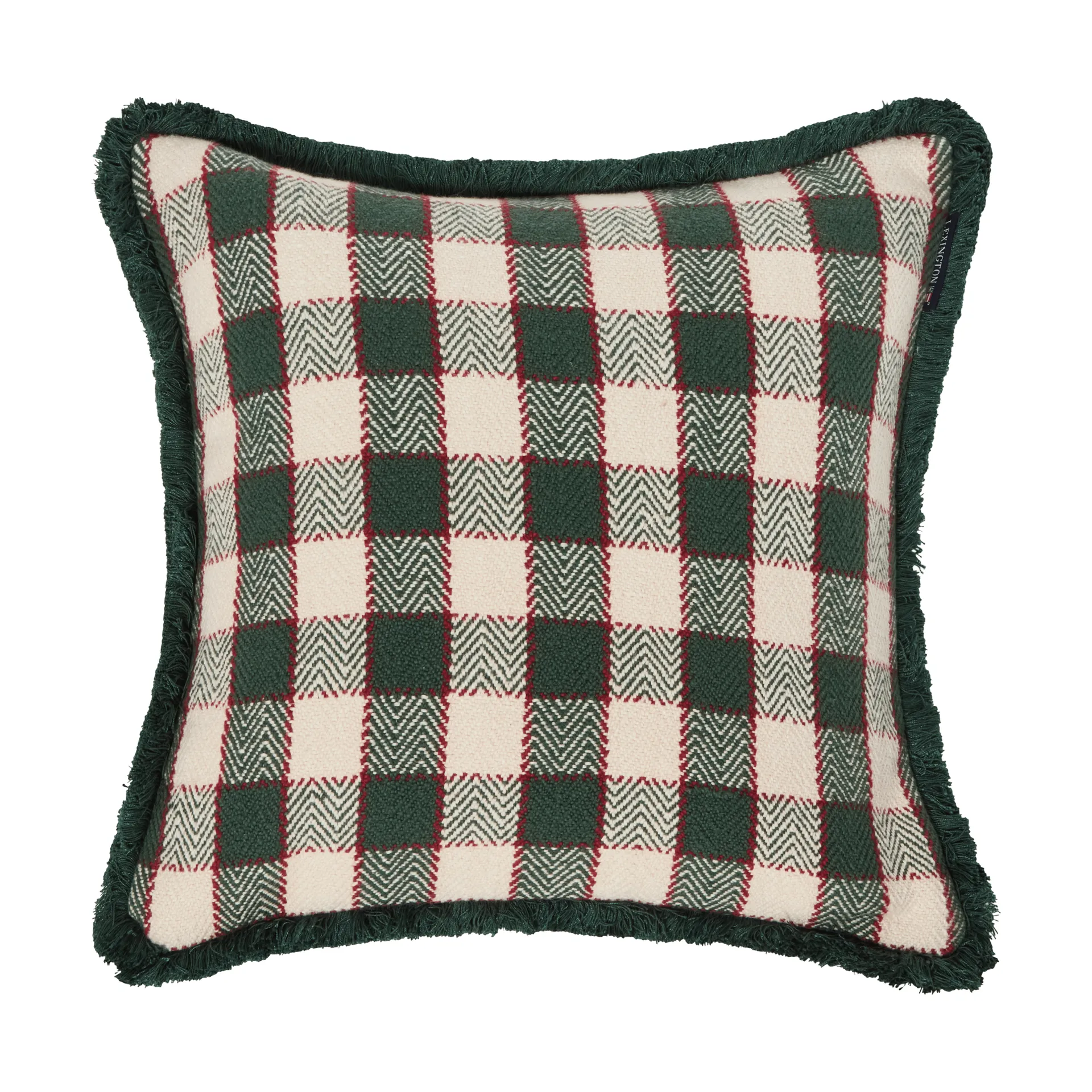 Checked organic cotton fringe kussenhoes, Green-light beige-red Lexington