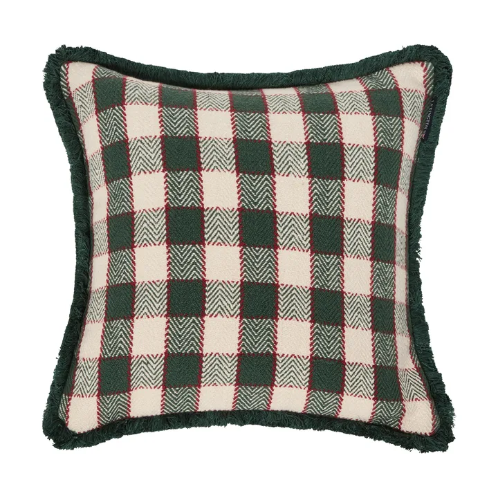 Checked organic cotton fringe kussenhoes - Green-light beige-red - Lexington
